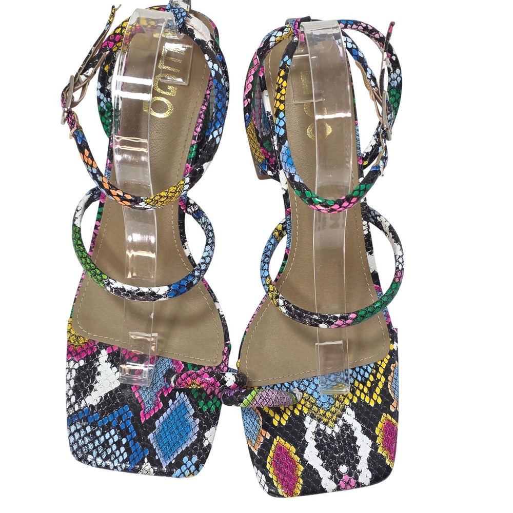 Ego Multicolor Snakeskin‎ Sandals Sz 8 Block Heel Square Toe Rainbow Disco Club